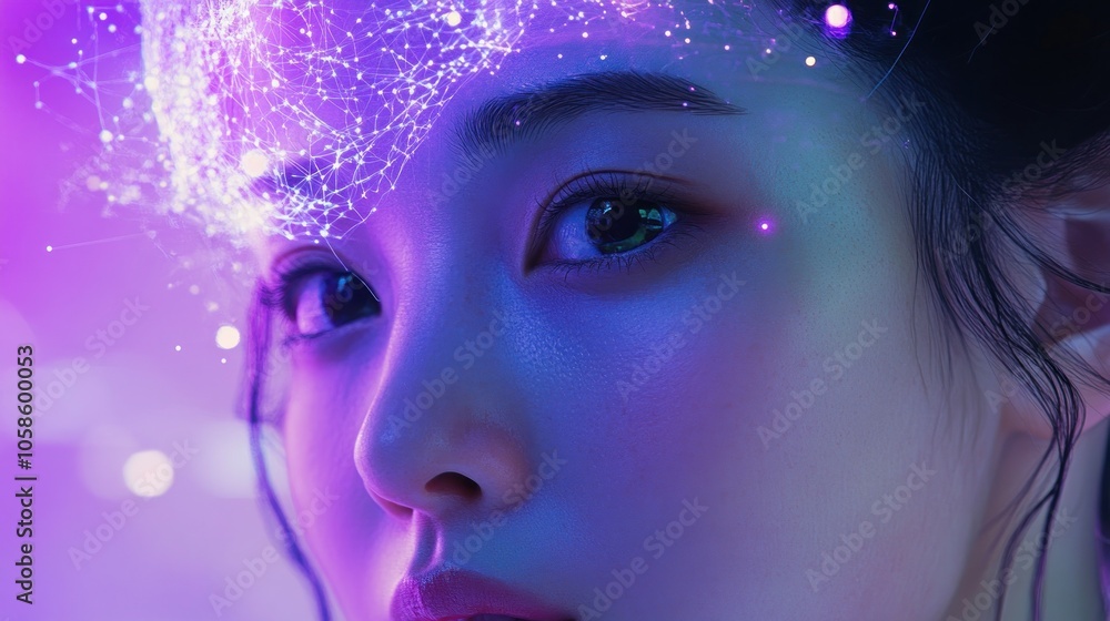 A close-up portrait of a woman with a digital, glowing overlay representing technology and creativity. A close-up portrait of a woman with a digital, glowing overlay representing technology and creativity.