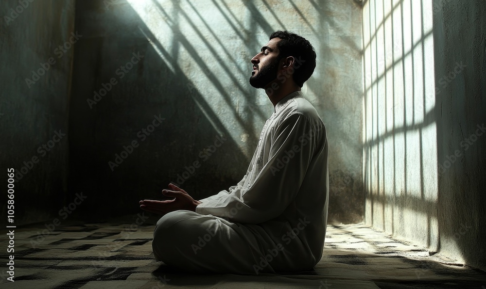 Man in white robe praying near window. Man in white robe praying near window.