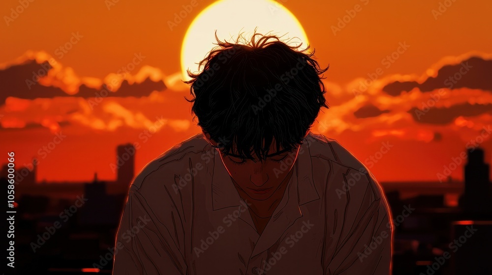 Silhouette of a Person Facing the Sunset with a City Skyline Silhouette of a Person Facing the Sunset with a City Skyline