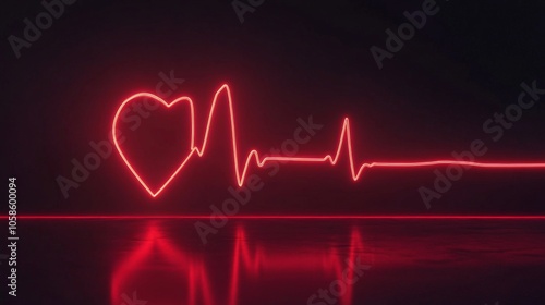 Red neon heart pulse monitor with signal. Heartbeat line, flat EKG trace. Medical and health concept. 