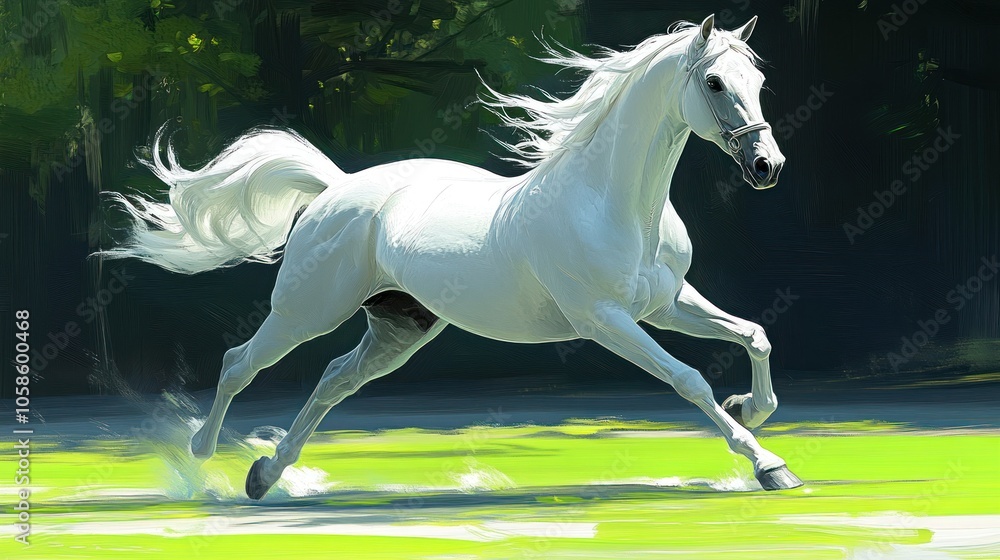 Naklejka premium A majestic white horse galloping through a vibrant green landscape.