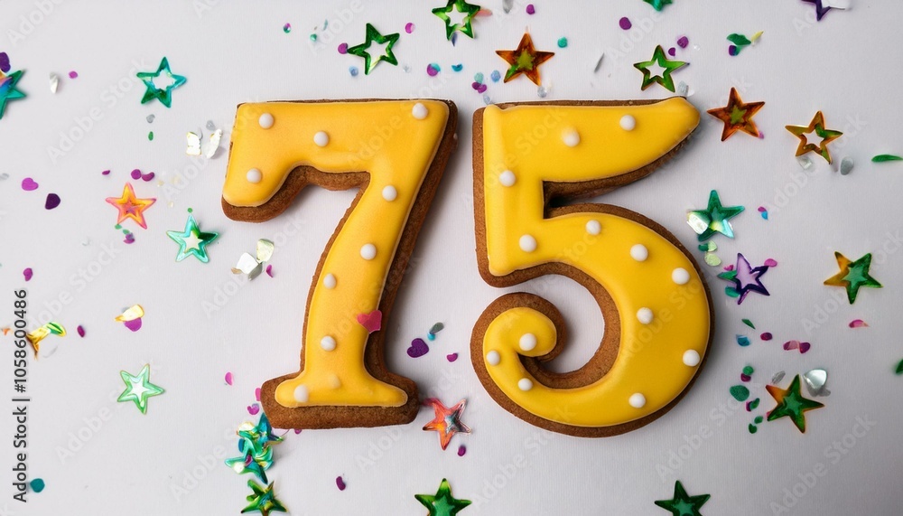 Decorated cookie, number 75, image for birthday or anniversary celebration Decorated cookie, number 75, image for birthday or anniversary celebration