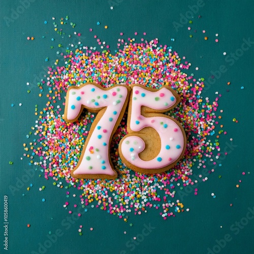 Decorated cookie, number 75, image for birthday or anniversary celebration photo