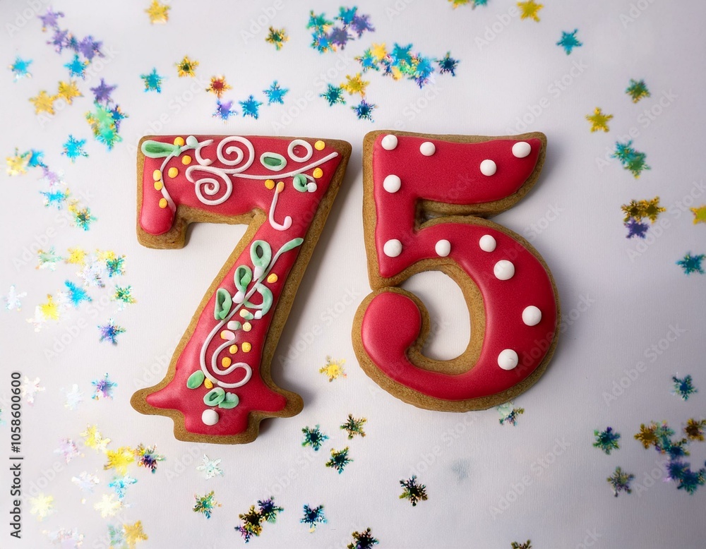 Decorated cookie, number 75, image for birthday or anniversary celebration Decorated cookie, number 75, image for birthday or anniversary celebration