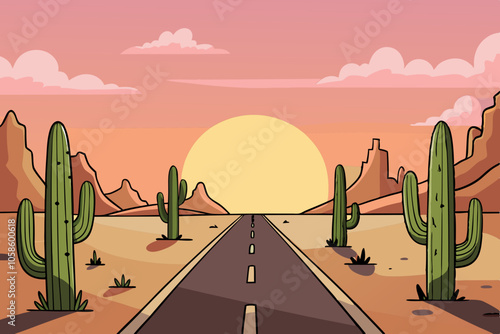 Desert Sunset: Cartoon Landscape with Cacti and Distant Road