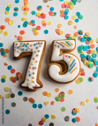 Decorated cookie, number 75, image for birthday or anniversary celebration photo