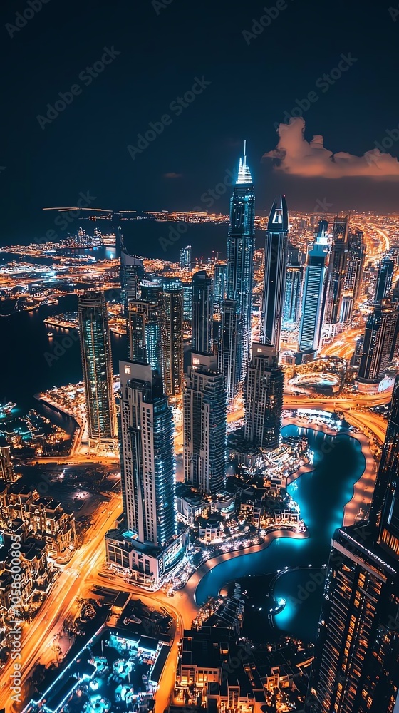 Fototapeta premium A breathtaking aerial view of a vibrant city skyline at night, showcasing illuminated skyscrapers and winding waterways, creating a captivating urban landscape.