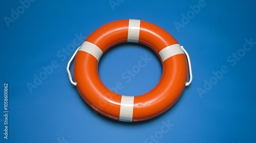 A bright orange life buoy with white stripes, floating against a blue background.