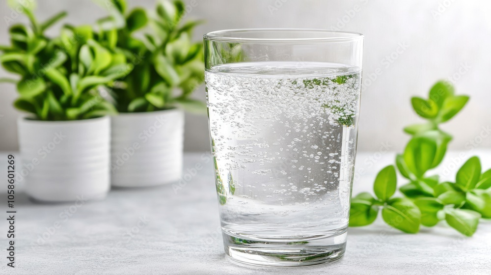 Glass of Sparkling Water with Green Plants Glass of Sparkling Water with Green Plants