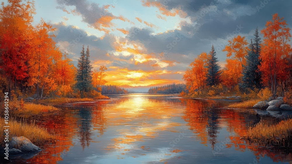 Obraz premium breathtaking autumn landscape with a serene lake reflecting vibrant foliage, golden and crimson leaves framing the scene, evoking a sense of peace and natural beauty in a tranquil setting