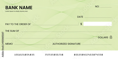 Blank bank check, checkbook cheque template or money payment paper voucher, vector mockup. Business or personal account cash pay cheque certificate or paycheck coupon from checkbook