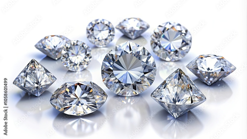 Collection of sparkling diamonds on a reflective surface, showcasing their brilliant cut and clarity. Collection of sparkling diamonds on a reflective surface, showcasing their brilliant cut and clarity.
