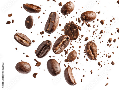 A close up of coffee beans with a lot of crumbs and debris. The beans are scattered all over the image, with some falling from the top and others from the bottom. Scene is chaotic and messy