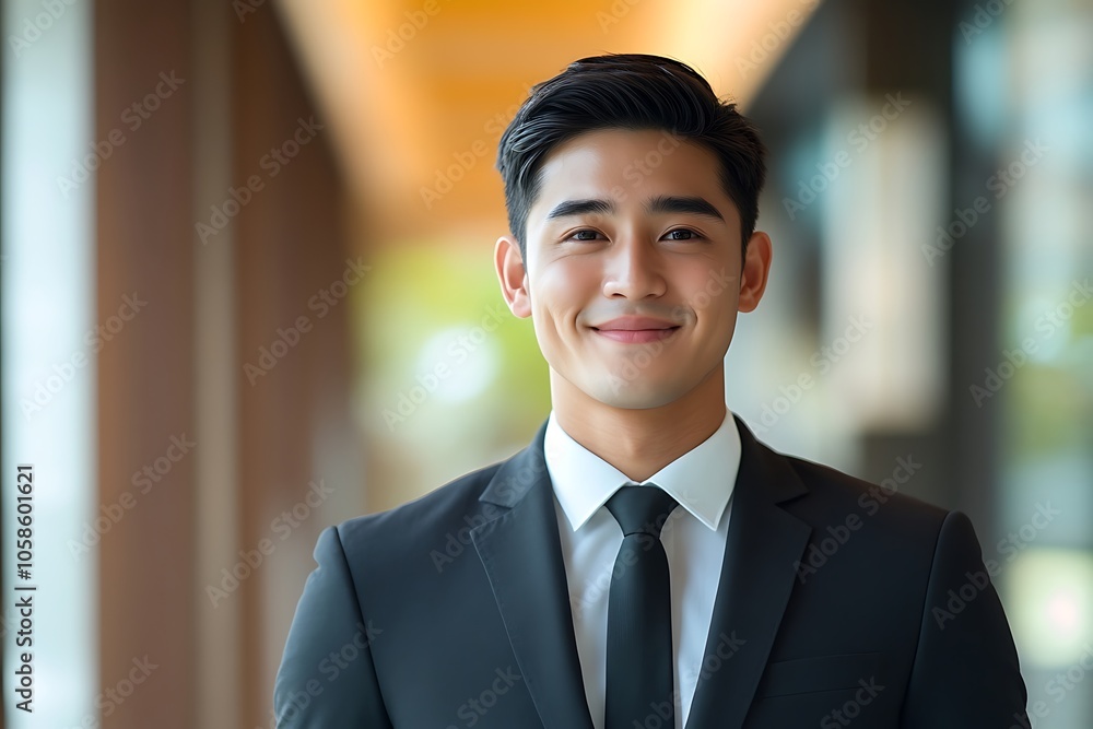 Confident Businessman in Black Suit Smiling in Office Setting. Confident Businessman in Black Suit Smiling in Office Setting.