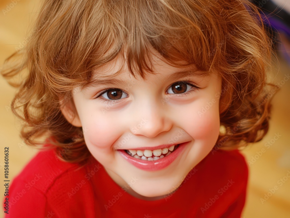 Joyful child with curly hair smiling brightly in a cozy indoor setting during the afternoon Joyful child with curly hair smiling brightly in a cozy indoor setting during the afternoon