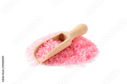 Sea salt for bath with rose aroma isolated on white background. Pink sea salt. Spa treatments. Natural salt with herbs and essential oils. skincare concept. photo