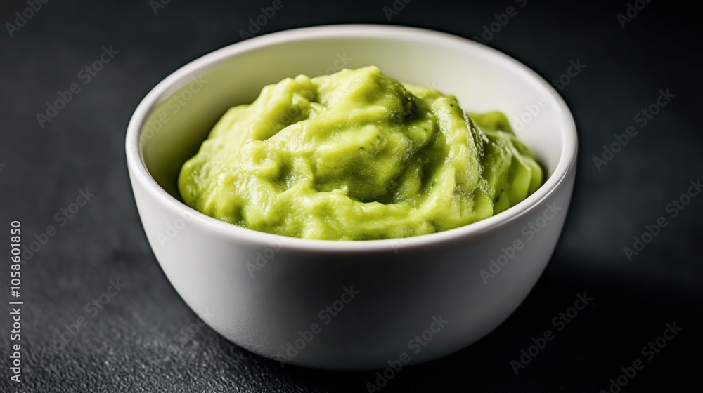 Close-up of a bowl filled with creamy avocado puree on a dark background, highlighting the smooth texture and vibrant green color. Close-up of a bowl filled with creamy avocado puree on a dark background, highlighting the smooth texture and vibrant green color.