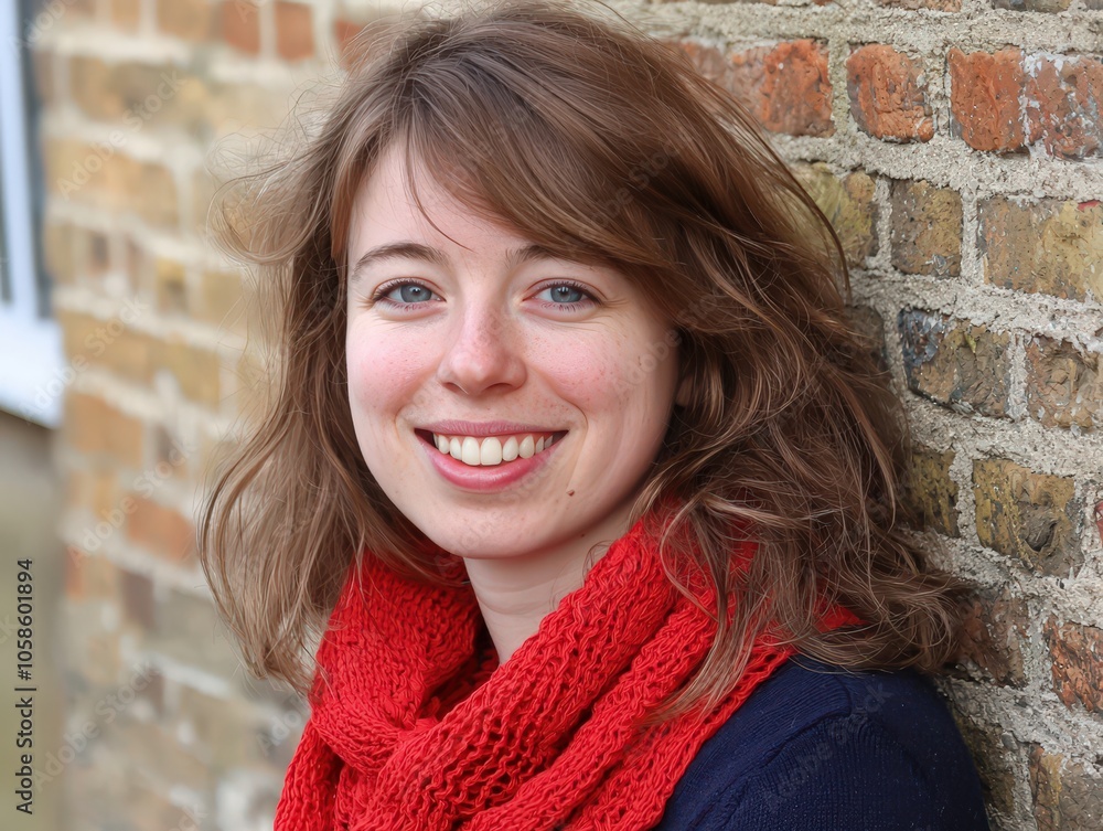 A smiling young woman with curly hair wearing a red scarf against a brick wall outdoors A smiling young woman with curly hair wearing a red scarf against a brick wall outdoors
