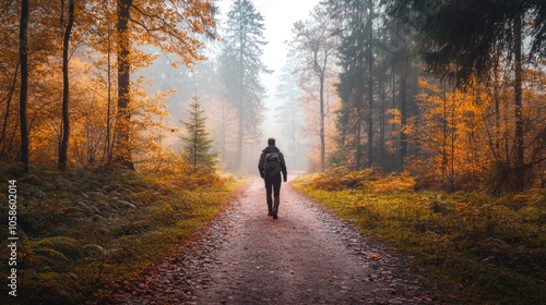 Man Walking on a Path Through an Autumn Forest