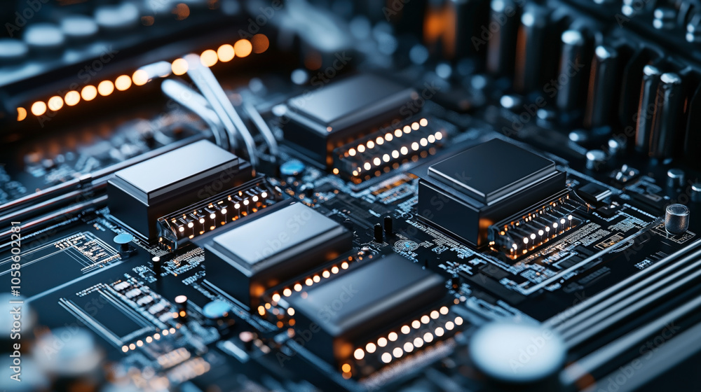 Close-up view of a computer motherboard with circuit elements and integrated circuits, illuminated by orange and blue LED lights, showcasing electronic hardware components. Close-up view of a computer motherboard with circuit elements and integrated circuits, illuminated by orange and blue LED lights, showcasing electronic hardware components.
