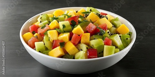 Tropical Delight A bowl brimming with a refreshing mix of vibrant, freshly chopped fruits like kiwi, papaya, mango, and passion fruit. This healthy and colorful summer treat is irresistible!