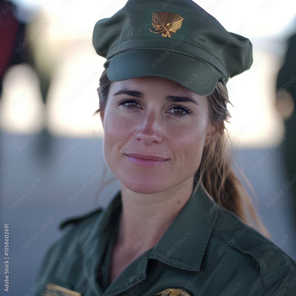 A confident female officer stands proud under the sun at a training facility in the desert A confident female officer stands proud under the sun at a training facility in the desert