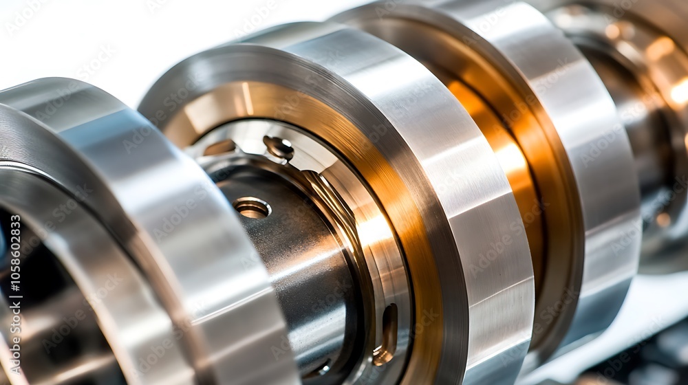 Close-up of a metallic camshaft component used in engine mechanics. Close-up of a metallic camshaft component used in engine mechanics.
