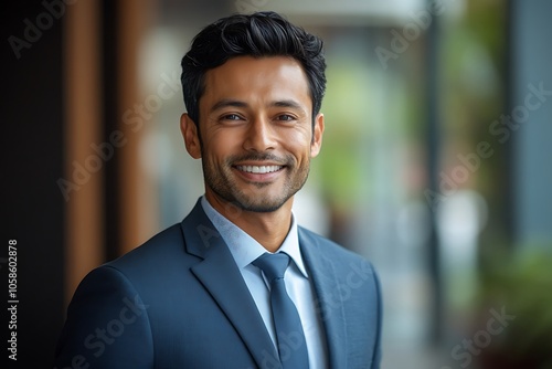 Confident Businessman in Blue Suit and Tie Smiling Headshot