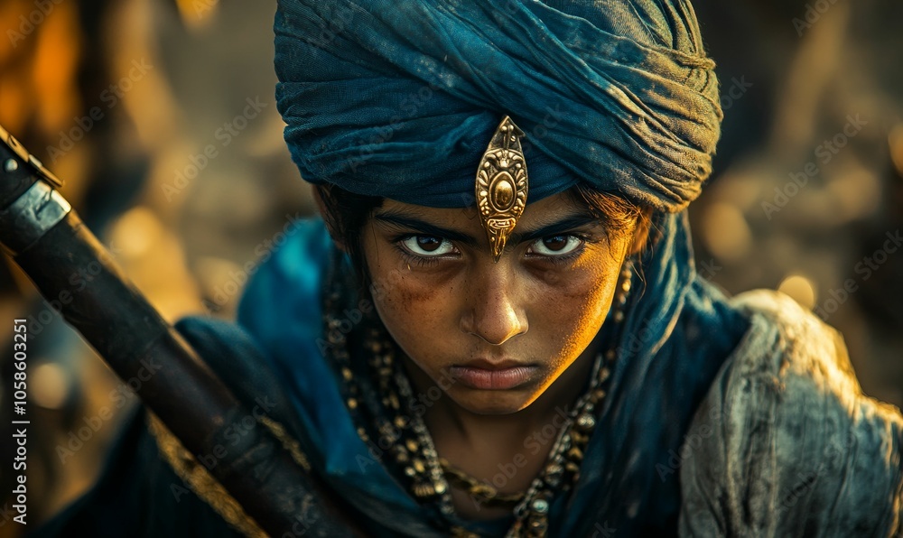 A young warrior with a stern gaze. A young warrior with a stern gaze.