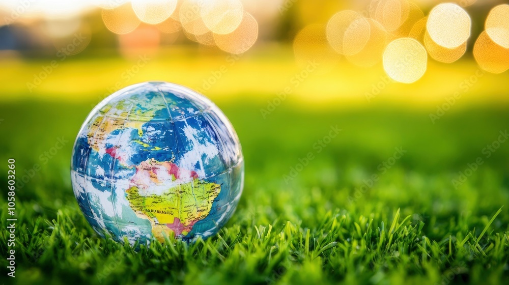 Globe on Green Grass with Bokeh Background Globe on Green Grass with Bokeh Background