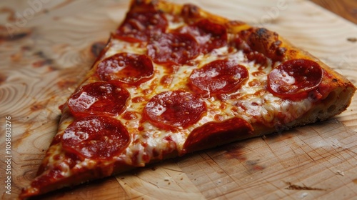 Pepperoni pizza slice displayed sideways, highlighting thickness and lots of cheese.