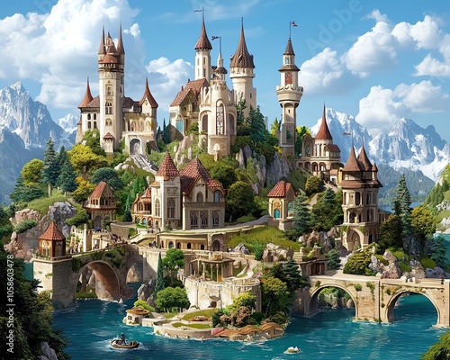 A majestic fairytale castle nestled atop a mountain overlooking a sparkling lake photo