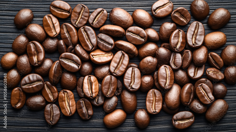 Naklejka premium Close-up view of roasted coffee beans scattered on a dark wooden background, showcasing their rich texture and brown color.