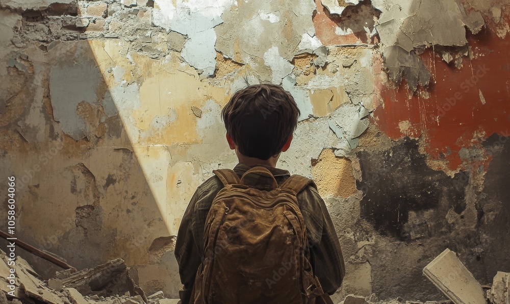 Lonely boy with backpack in ruined building. Lonely boy with backpack in ruined building.