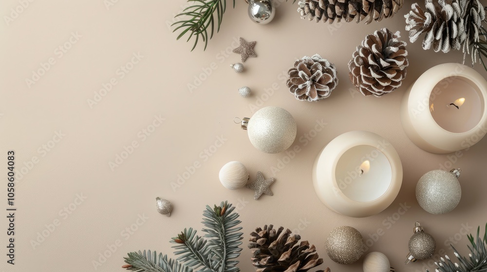 Minimal Nordic Christmas Decor on Beige Background Minimal Nordic Christmas Decor on Beige Background