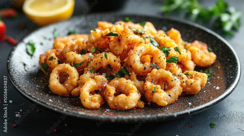 Plate of fried calamari with a design focus. The spicy flavor and seasoning enhance the traditional Italian taste, perfect for culinary presentations with ample copy space. Plate of fried calamari with a design focus. The spicy flavor and seasoning enhance the traditional Italian taste, perfect for culinary presentations with ample copy space.