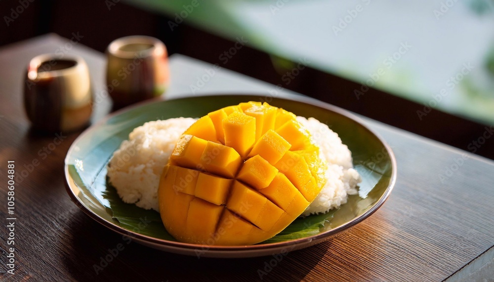Ripe mango and sticky rice on wooden table Ripe mango and sticky rice on wooden table