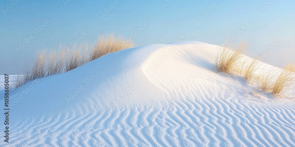 Fototapeta premium A detailed view of a white sand dune as the sun sets, capturing the serene beauty of the dune at dusk. The white sand glows in the evening light.