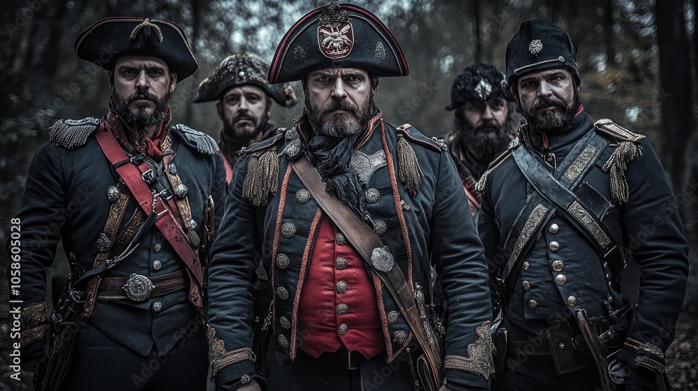 Four Men in Military Uniforms Standing in a Forest Four Men in Military Uniforms Standing in a Forest