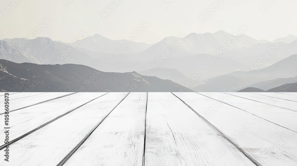 Empty white wooden table set against a captivating mountain view, providing an ideal space for creativity and imagination with a tranquil atmosphere and ample copy space. Empty white wooden table set against a captivating mountain view, providing an ideal space for creativity and imagination with a tranquil atmosphere and ample copy space.