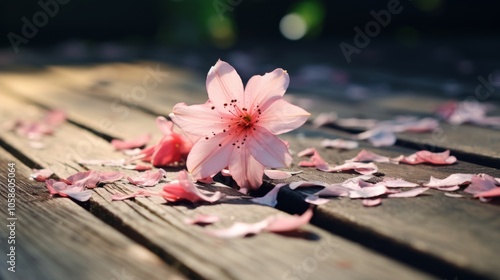 Withered pink flower with falling petals on rustic wooden table in garden, offering tranquil copy space for text