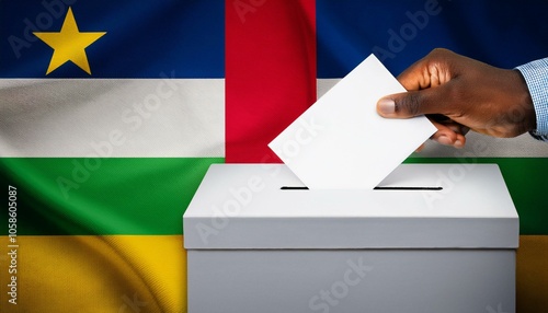 中央アフリカの国旗の背景と投票箱と投票する手。選挙。(Central African Republic flag background and ballot box and hand voting. election.)
