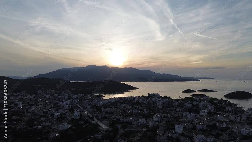 Ksamil holiday resort islands Albania, aerial view at sunset sunrise landscape Ksamil holiday resort islands Albania, aerial view at sunset sunrise landscape