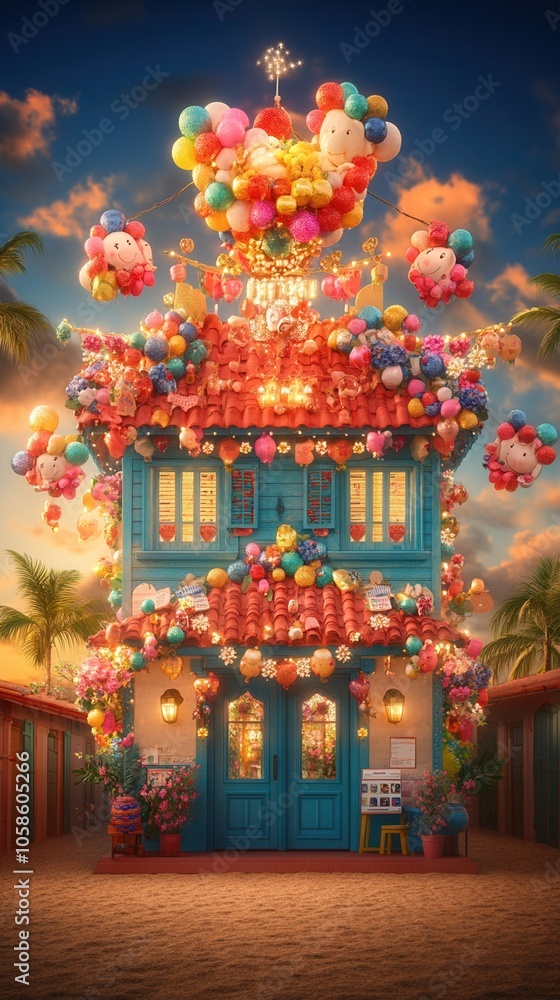 Fototapeta premium A colorful house adorned with vibrant balloons and decorations, creating a festive and joyful atmosphere.