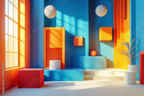 Minimalist Interior with Bold Geometric Shapes in Blue, Orange, and Red Color Scheme.