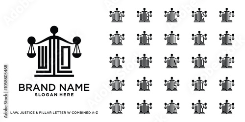Set of justice, pillar, and law logo design initial w combined with letter a to z