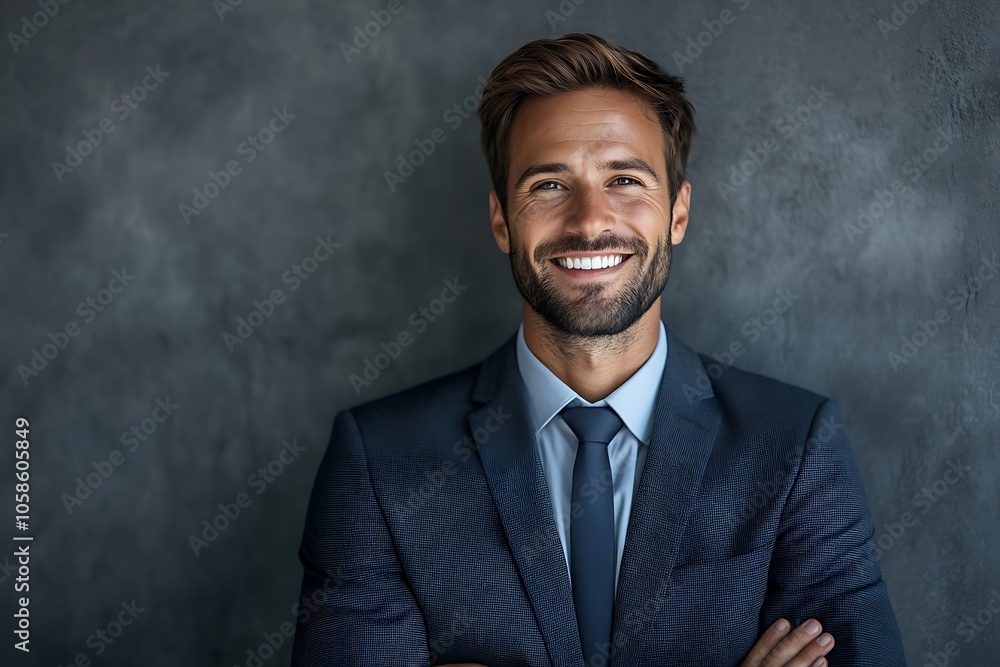 Confident Businessman in Blue Suit Smiling at Camera Against Gray Background Confident Businessman in Blue Suit Smiling at Camera Against Gray Background