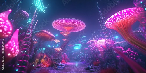 A surreal forest filled with glowing, bioluminescent mushrooms and strange, vibrant plants. The scene is bathed in an ethereal light, creating a dreamlike atmosphere.