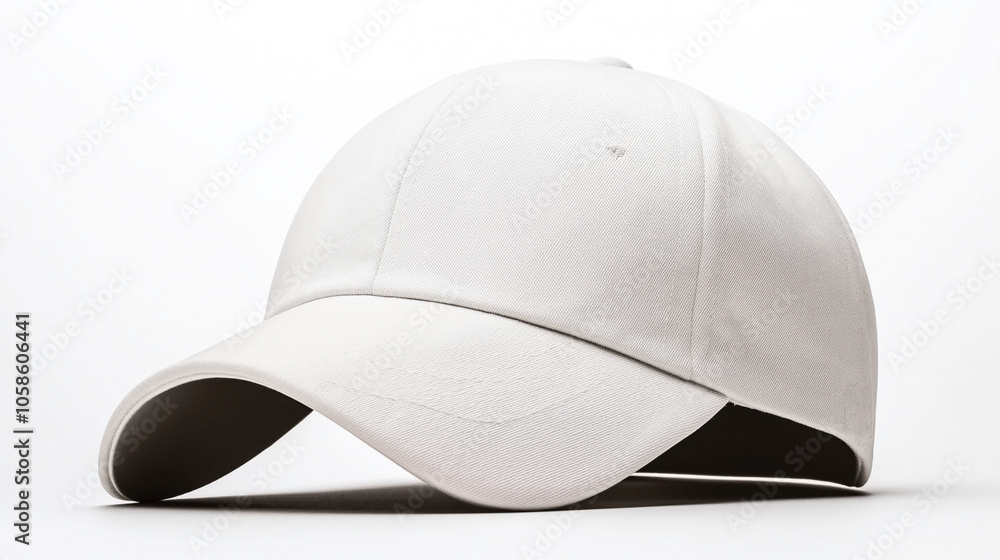 White baseball cap made of fabric material with curved brim, isolated on plain background White baseball cap made of fabric material with curved brim, isolated on plain background