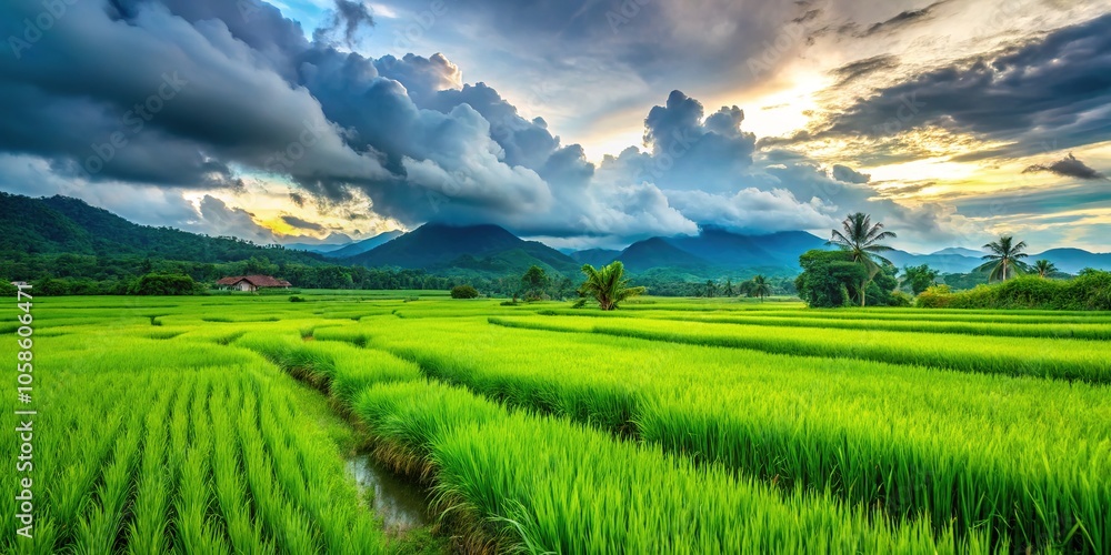 Tranquil Green Rice Fields Under Cloudy Sky - Landscape Photography Tranquil Green Rice Fields Under Cloudy Sky - Landscape Photography